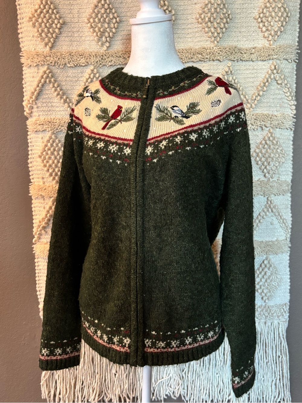 Croft & Barrow Green & Cream Embroidered Winter Zip Up Sweater Size Large